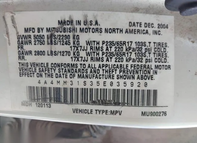 4A4MM31S35E035920 2005 2005 Mitsubishi Endeavor- Xls 9