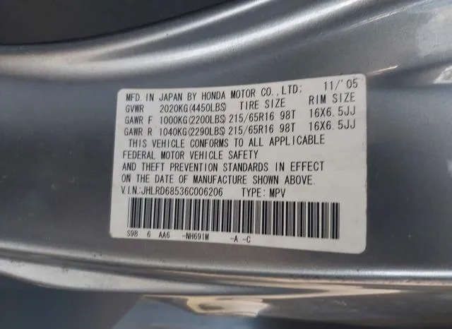 JHLRD68536C006206 2006 2006 Honda CR-V- LX 9