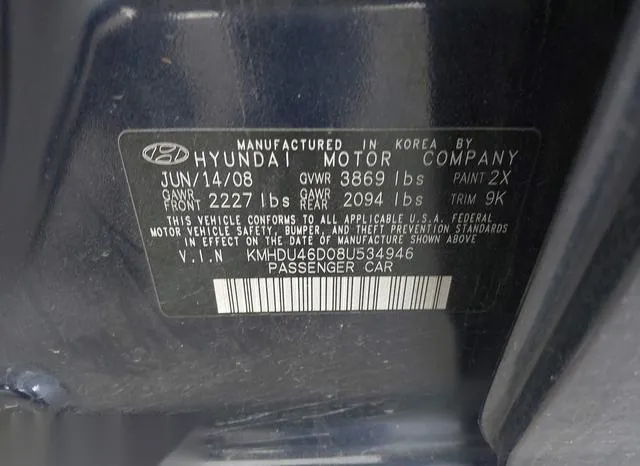 KMHDU46D08U534946 2008 2008 Hyundai Elantra- Gls/Se 9