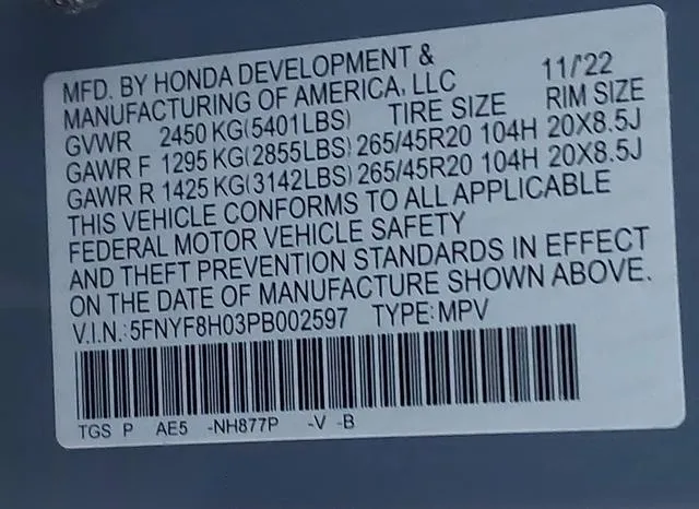 5FNYF8H03PB002597 2023 2023 Honda Passport- Awd Elite 9