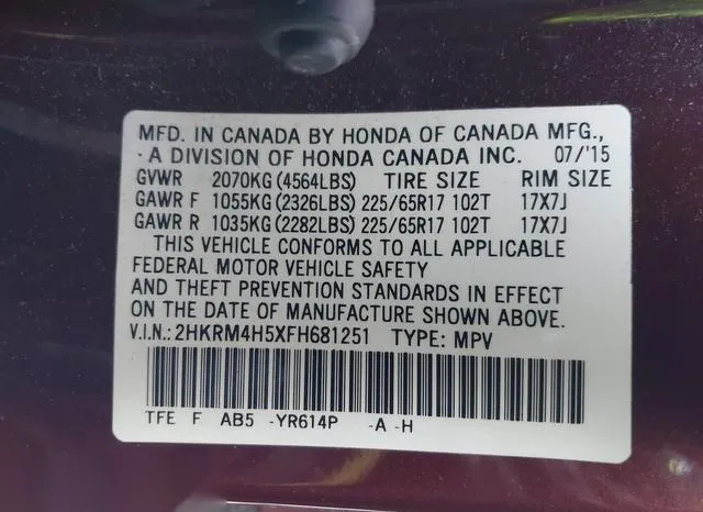 2HKRM4H5XFH681251 2015 2015 Honda CR-V- EX 9