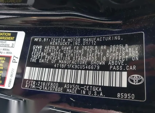 4T1BF1FK9CU546679 2012 2012 Toyota Camry- Xle 9