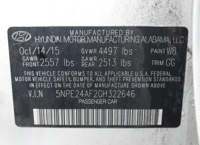 5NPE24AF2GH322646 2016 2016 Hyundai Sonata- SE 9