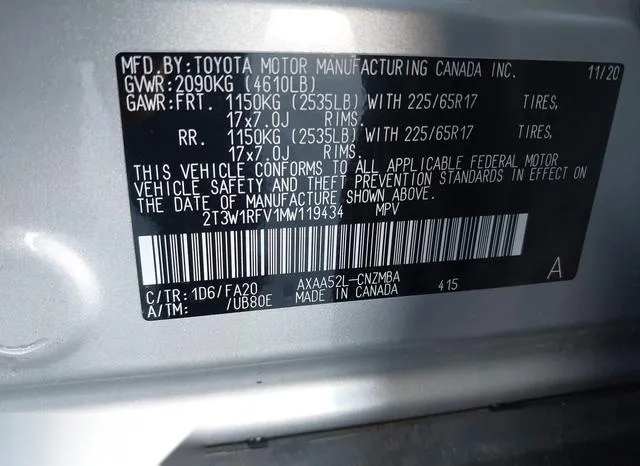 2T3W1RFV1MW119434 2021 2021 Toyota RAV4- Xle 9