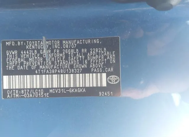 4T1FA38P48U138327 2008 2008 Toyota Camry- Solara Sle 9