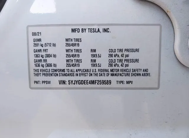 5YJYGDEE4MF259589 2021 2021 Tesla Model Y- Long Range Dual 9