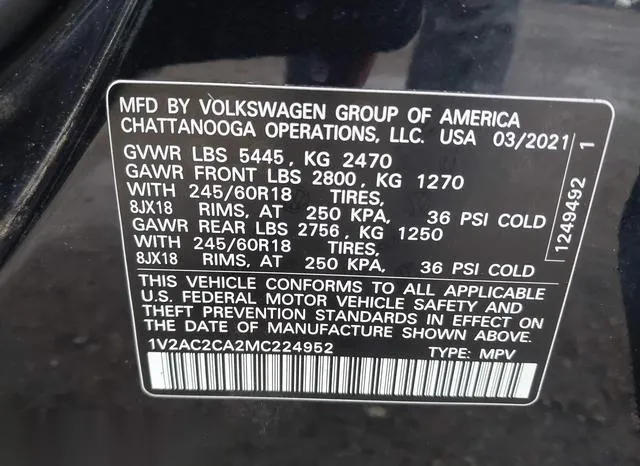 1V2AC2CA2MC224952 2021 2021 Volkswagen Atlas- Cross Sport 2 9