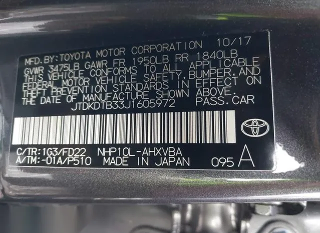 JTDKDTB33J1605972 2018 2018 Toyota Prius- C One 9