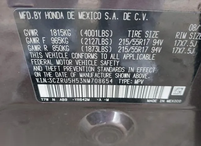 3CZRU5H53NM708654 2022 2022 Honda HR-V- 2Wd Ex 9