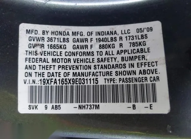 19XFA165X9E031115 2009 2009 Honda Civic- LX 9