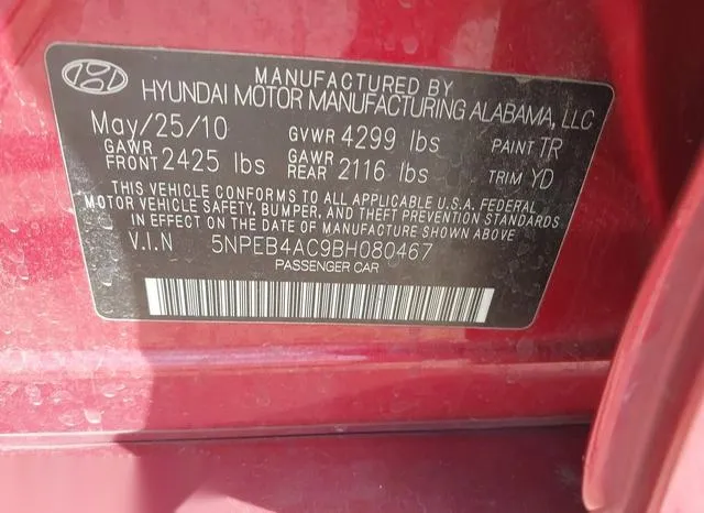 5NPEB4AC9BH080467 2011 2011 Hyundai Sonata- Gls 9