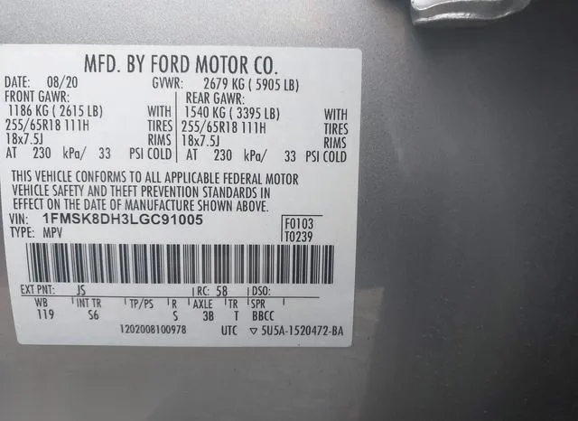 1FMSK8DH3LGC91005 2020 2020 Ford Explorer- Xlt 9