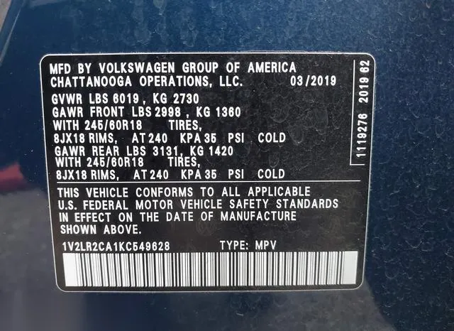 1V2LR2CA1KC549628 2019 2019 Volkswagen Atlas- 3-6L V6 Se 9