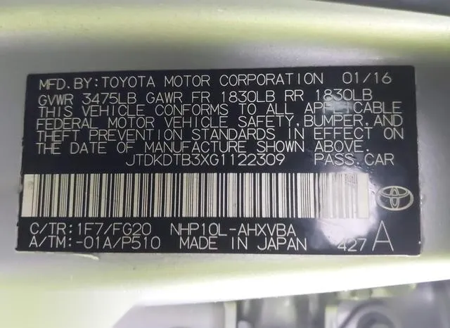 JTDKDTB3XG1122309 2016 2016 Toyota Prius- C Two 9