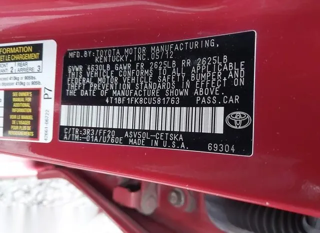 4T1BF1FK8CU581763 2012 2012 Toyota Camry- SE 9