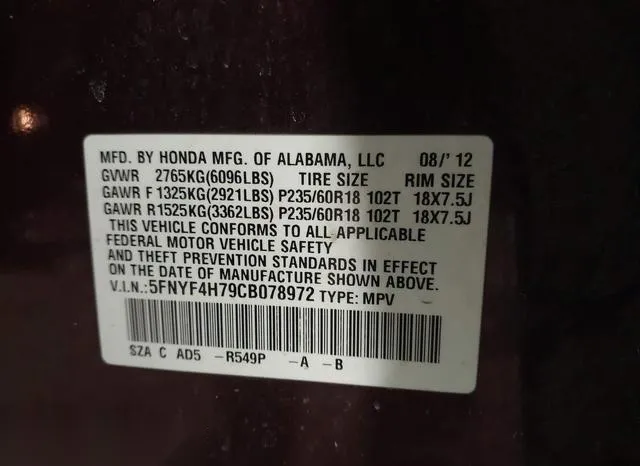 5FNYF4H79CB078972 2012 2012 Honda Pilot- Ex-L 9