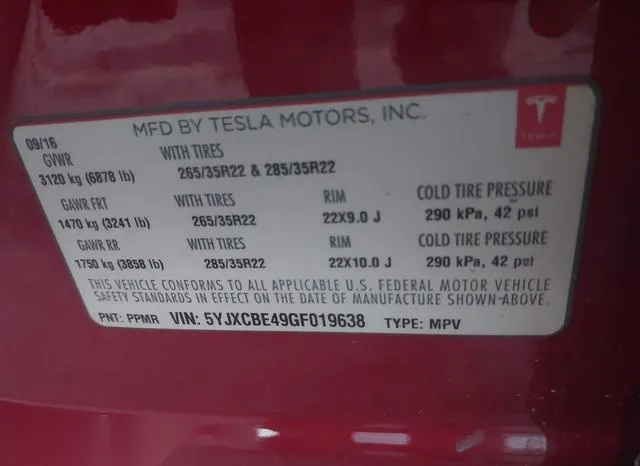 5YJXCBE49GF019638 2016 2016 Tesla Model X- 75D/P100D/P90D 9