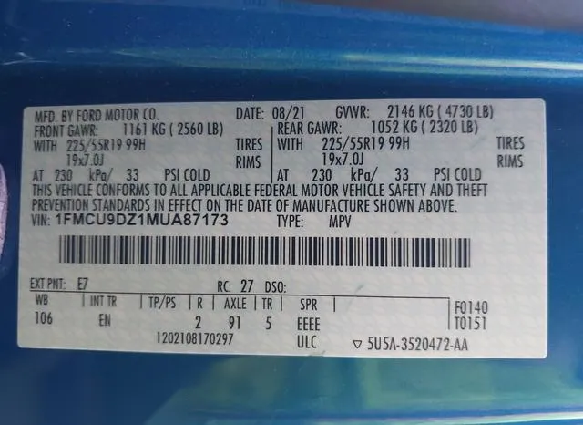 1FMCU9DZ1MUA87173 2021 2021 Ford Escape- Titanium Hybrid 9