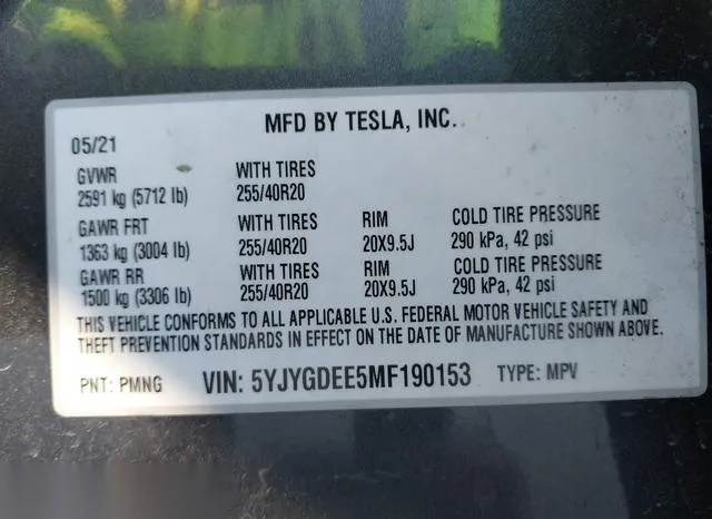 5YJYGDEE5MF190153 2021 2021 Tesla Model Y- Long Range Dual 9