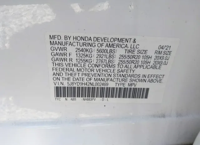 5J8YD9H42NL002469 2022 2022 Acura MDX- Technology Package 9