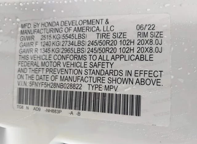 5FNYF5H28NB028822 2022 2022 Honda Pilot- 2Wd Special Edition 9