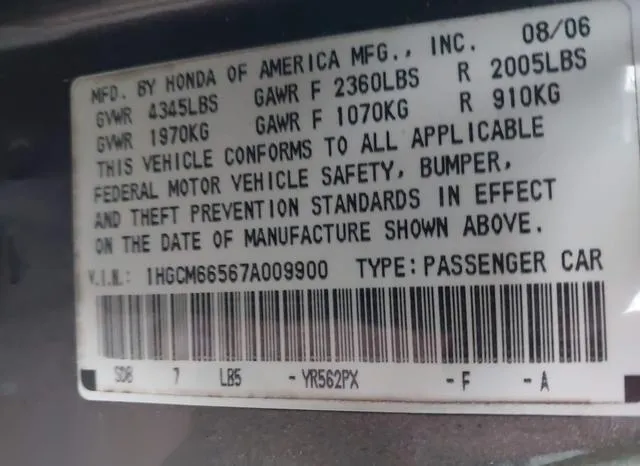 1HGCM66567A009900 2007 2007 Honda Accord- 3-0 EX 9