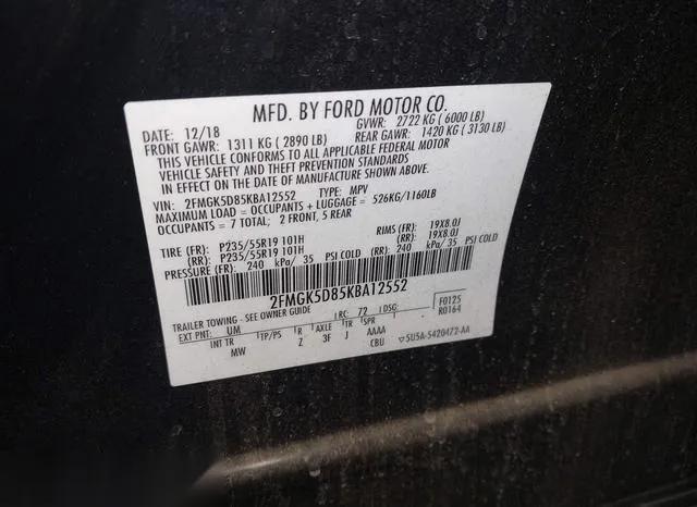 2FMGK5D85KBA12552 2019 2019 Ford Flex- Limited 9