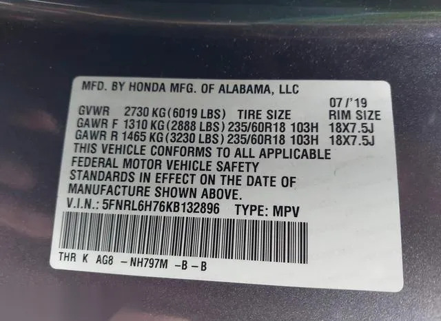 5FNRL6H76KB132896 2019 2019 Honda Odyssey- Ex-L 9