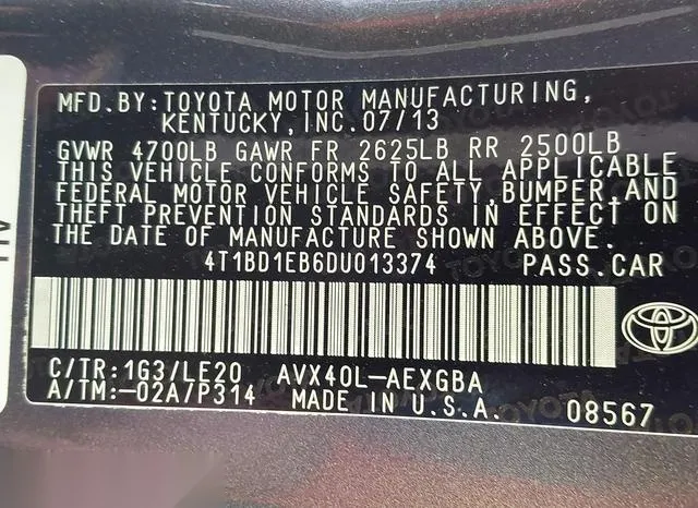 4T1BD1EB6DU013374 2013 2013 Toyota Avalon- Hybrid Xle Touring 9