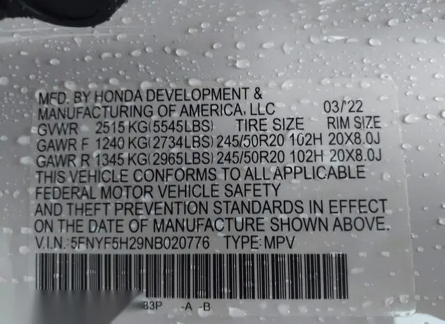 5FNYF5H29NB020776 2022 2022 Honda Pilot- 2Wd Special Edition 9