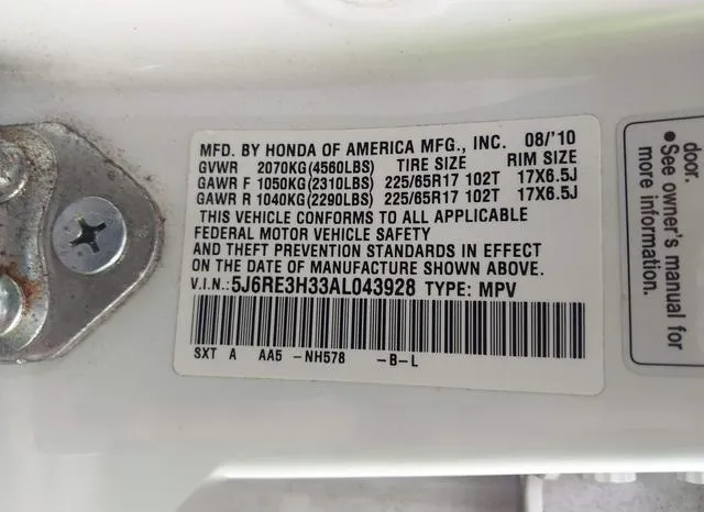 5J6RE3H33AL043928 2010 2010 Honda CR-V- LX 9