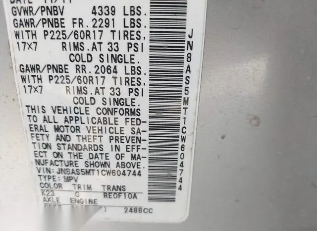 JN8AS5MT1CW604744 2012 2012 Nissan Rogue- SV 9