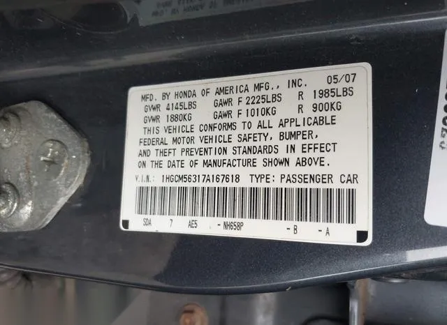 1HGCM56317A167618 2007 2007 Honda Accord- 2-4 SE 9