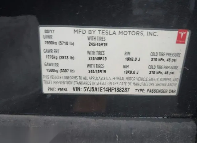 5YJSA1E14HF188287 2017 2017 Tesla Model S- 60/75 9