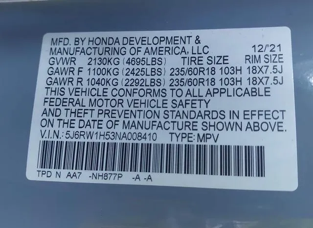 5J6RW1H53NA008410 2022 2022 Honda CR-V- 2Wd Ex 9