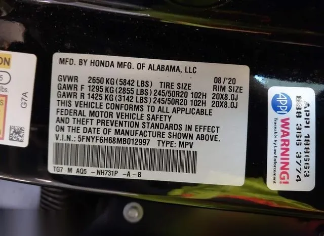 5FNYF6H68MB012997 2021 2021 Honda Pilot- Awd Touring 7 Pass 9