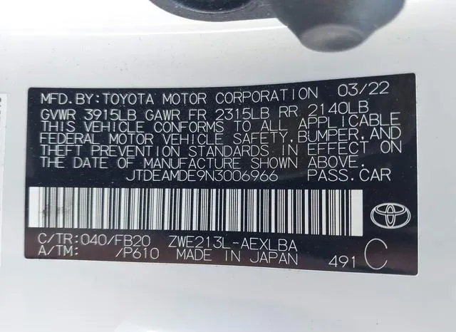 JTDEAMDE9N3006966 2022 2022 Toyota Corolla- Hybrid Le 9