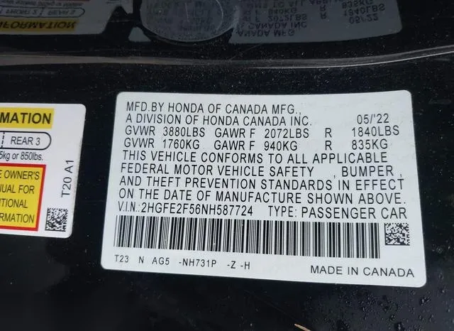 2HGFE2F56NH587724 2022 2022 Honda Civic- Sport 9