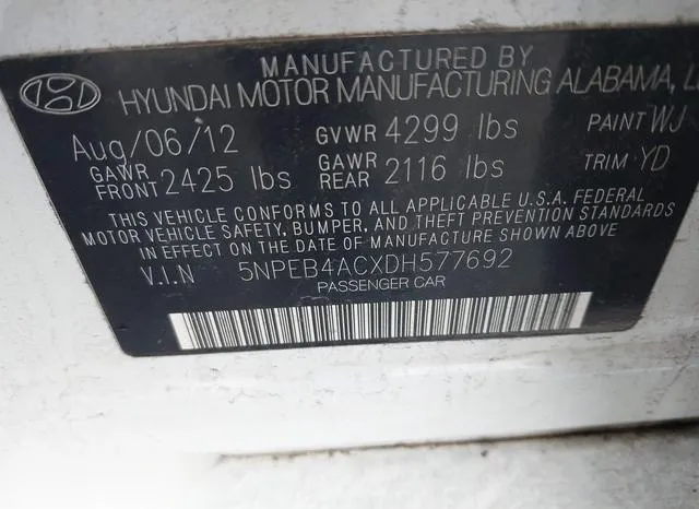 5NPEB4ACXDH577692 2013 2013 Hyundai Sonata- Gls 9