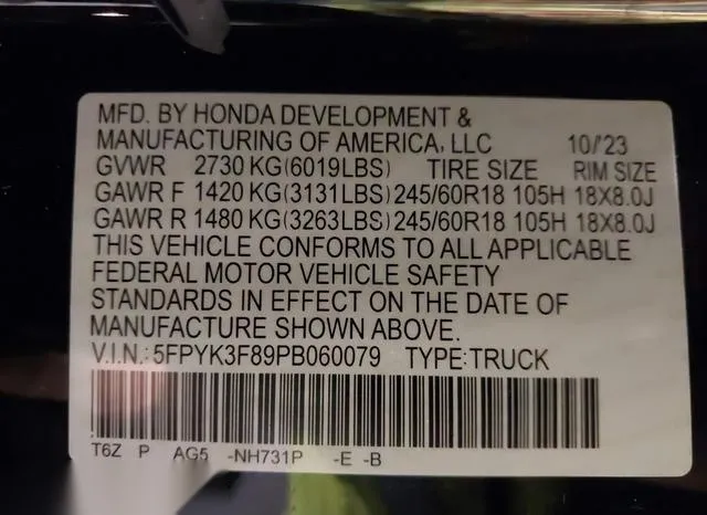 5FPYK3F89PB060079 2023 2023 Honda Ridgeline- Black Edition 9