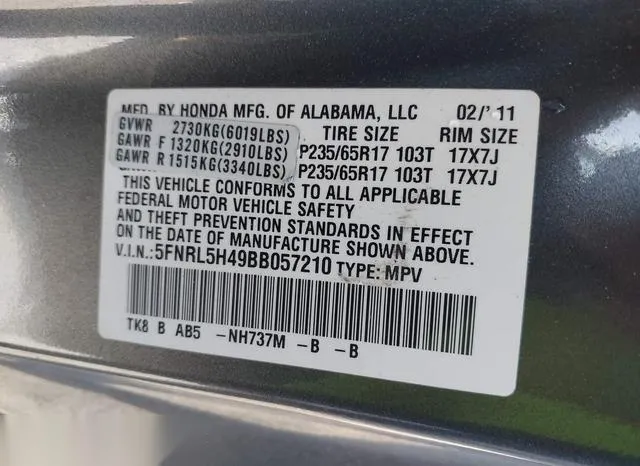 5FNRL5H49BB057210 2011 2011 Honda Odyssey- EX 9