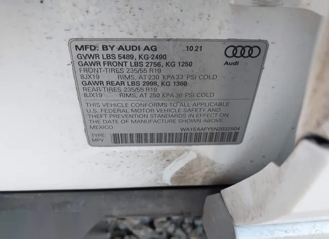 WA1EAAFY5N2032504 2022 2022 Audi Q5- Premium Plus 45 Tfsi S 9