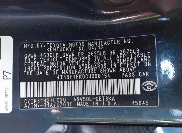 4T1BF1FK0CU098154 2012 2012 Toyota Camry- SE 9