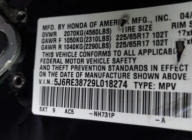 5J6RE38729L018274 2009 2009 Honda CR-V- Ex-L 9