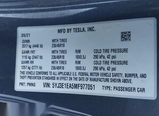 5YJ3E1EA5MF977051 2021 2021 Tesla Model 3- Standard Range P 9