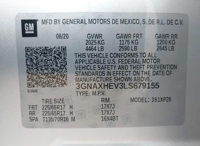 3GNAXHEV3LS679155 2020 2020 Chevrolet Equinox- Fwd Ls 9