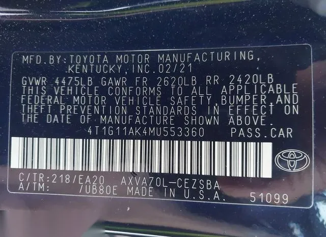 4T1G11AK4MU553360 2021 2021 Toyota Camry- SE 9