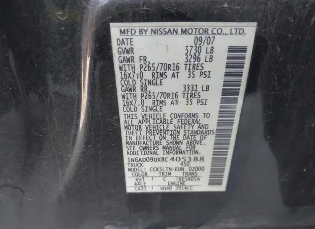 1N6AD09UX8C405188 2008 2008 Nissan Frontier- SE 9