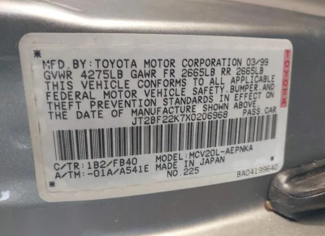 JT2BF22K7X0206968 1999 1999 Toyota Camry- Le V6 9