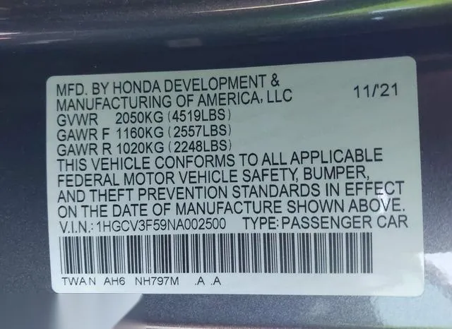 1HGCV3F59NA002500 2022 2022 Honda Accord- Hybrid Ex-L 9